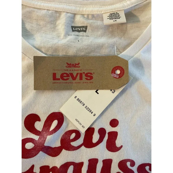 Levi's L White Logo Red Name Graphic Crew Neckline Cotton Short Sleeve Tee - Picture 5 of 5